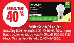 Canadian Tire NOMA A19 60W LED Bulbs, 4-Pack. Warm White or Daylight offer