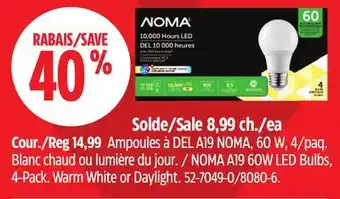 Canadian Tire NOMA A19 60W LED Bulbs, 4-Pack. Warm White or Daylight offer