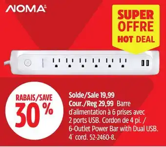 Canadian Tire NOMA 6-Outlet Power Bar with Dual USB. 4 cord offer