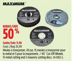 Canadian Tire MAXIMUM 41⁄2˝ Cut-Off Wheels. 15 metal cutting and 5 masonry cutting discs offer