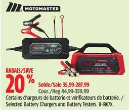 Canadian Tire Motomaster Selected Battery Chargers and Battery Testers offer