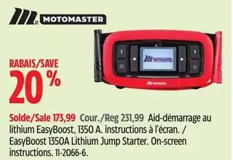 Canadian Tire MotoMaster EasyBoost 1350A Lithium Jump Starter. On-screen instructions offer