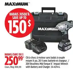 Canadian Tire MAXIMUM 20V Brushless Mid-Torque 1⁄2˝ Impact Wrench with Battery and Charger offer