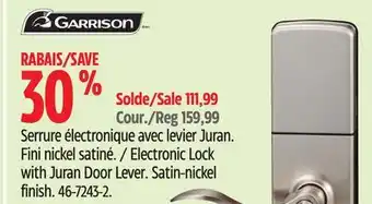 Canadian Tire Garrison Electronic Lock with Juran Door Lever Satin-nickel finish offer