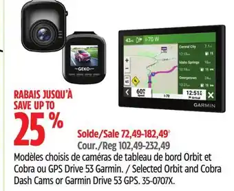 Canadian Tire myGEKOgear Selected Orbit and Cobra Dash Cams or Garmin Drive 53 GPS offer