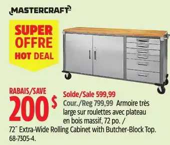 Canadian Tire Mastercraft 72˝ Extra-Wide Rolling Cabinet with Butcher-Block Top offer