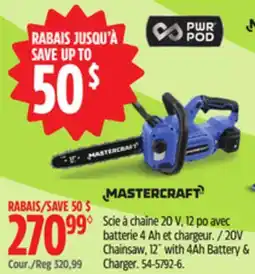 Canadian Tire Mastercraft 20V Cordless Chainsaw, 12 with 4h Battery & Charger offer