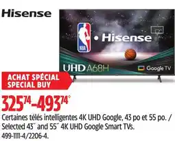 Canadian Tire Hisense Selected 43˝ and 55˝ 4K UHD Google Smart TVs offer