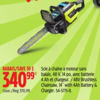 Canadian Tire Yardworks 48V Brushless Chainsaw, 14 with 4Ah Battery & Charger offer