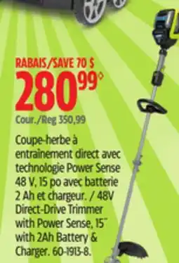 Canadian Tire Yardworks 48V Direct Drive Cordless Grass Trimmer with Power Sense, 15- with 2Ah Battery & charger offer