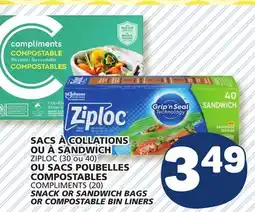 Marché Bonichoix ZIPLOC (30 or 40) COMPOSTABLES COMPLIMENTS (20) SNACK OR SANDWICH BAGS OR COMPOSTABLE BIN LINERS offer