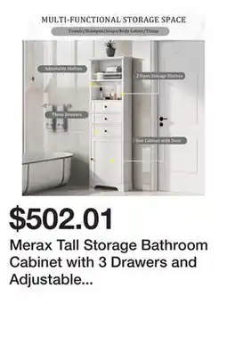 Bed Bath & Beyond Merax Tall Storage Bathroom Cabinet with 3 Drawers and Adjustable Shelves offer