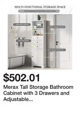 Bed Bath & Beyond Merax Tall Storage Bathroom Cabinet with 3 Drawers and Adjustable Shelves offer