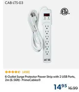 Primecables 6-Outlet Surge Protector Power Strip with 2 USB Ports, 2m (6.56ft) - PrimeCables offer