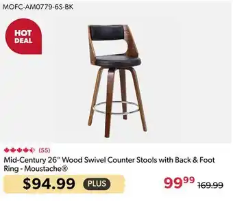 Shopper+ Mid-Century 26 Wood Swivel Counter Stools with Back & Foot Ring - Moustache offer