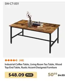 Shopper+ Industrial Coffee Table, Living Room Tea Table, Wood Top End Table, Rustic Accent Designed Furniture offer