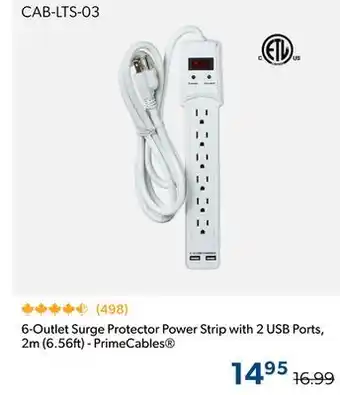 123Ink 6-Outlet Surge Protector Power Strip with 2 USB Ports, 2m (6.56ft) - PrimeCables offer