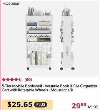 123Ink 5-Tier Mobile Bookshelf - Versatile Book & File Organizer Cart with Rotatable Wheels - Moustache offer