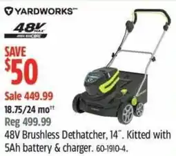 Canadian Tire Yardworks 48V Brushless Dethatcher, 14". Kitted with Greenhouses, Pellet Refill Kit or Jiffy 5Ah battery & charger offer