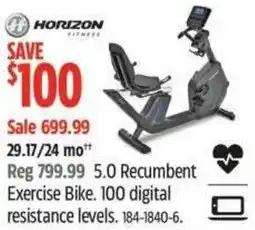 Canadian Tire HORIZON 5.0 Recumbent Exercise Bike. 100 digital resistance levels offer