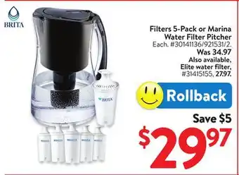 Walmart Filters 5-Pack or Marina Water Filter Pitcher offer