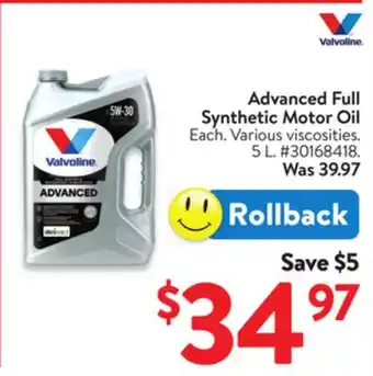 Walmart Advanced Fuel Synthetic Motor Oil offer