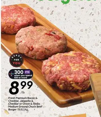 Sobeys Fresh Premium Bacon & Cheddar, Jalapeño & Cheddar or Onion & Swiss Medium Ground Chuck Beef Burger offer