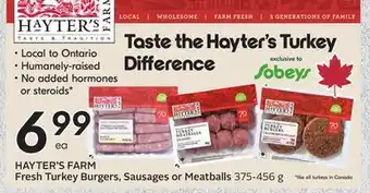 Sobeys HAYTER'S FARM Fresh Turkey Burgers, Sausages or Meatballs offer