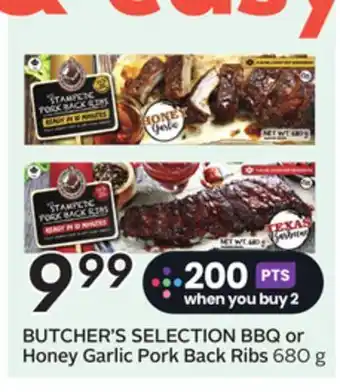 Sobeys BUTCHER'S SELECTION BBQ or Honey Garlic Pork Back Ribs offer