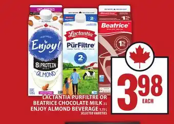 Food Basics LACTANTIA PURFILTRE OR BEATRICE CHOCOLATE MILK ENJOY ALMOND BEVERAGE offer