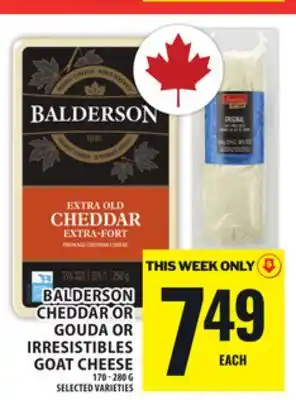 Food Basics BALDERSON CHEDDAR OR GOUDA OR IRRESISTIBLES GOAT CHEESE offer