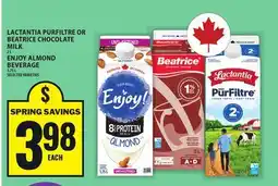 Food Basics LACTANTIA PURFILTRE OR BEATRICE CHOCOLATE MILK OR ENJOY ALMOND BEVERAGE 1.75 L offer