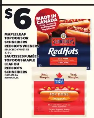 Independent Grocer MAPLE LEAF TOP DOGS OR SCHNEIDERS RED HOTS WIENERS, 375 G offer