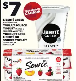 Independent Grocer LIBERTÉ GREEK, 650/750 G OR YOPLAIT SOURCE YOGURT, 16X100 G offer