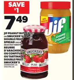 Independent Grocer JIF PEANUT BUTTER 1 KG OR SMUCKER'S JAM OR DOUBLE FRUIT SPREAD 500ML offer