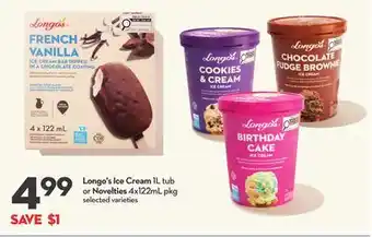 Longo's Ice Cream 1L tub or Novelties 4x122mL pkg offer