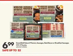 Longo's Natural Wieners, Sausages, Back Bacon or Breakfast Sausages offer