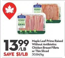 Longo's Prime Raised Without Antibiotics Chicken Breast Fillets or Thin Sliced offer