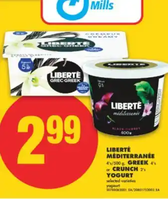 No Frills LIBERTÉ MÉDITERRANÉE, 4's/500 g, GREEK, 4's or CRUNCH, 2's YOGURT offer