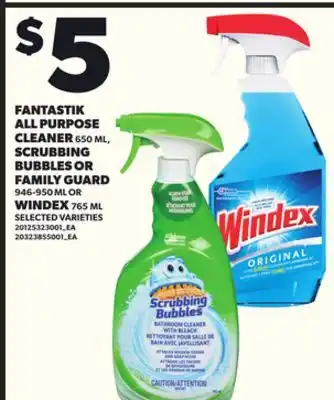 Loblaws FANTASTIK ALL PURPOSE CLEANER 65ML, SCRUBBING BUBBLES OR FAMILY GUARD 946-950ML OR WINDEX 765ML offer