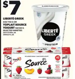 Loblaws LIBERTÉ GREEK 650/750G OR YOPLAIT SOURCE YOGURT 16X100G offer