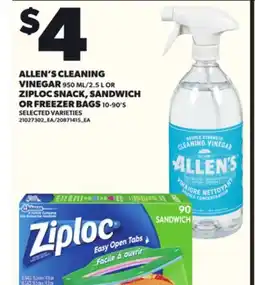 Loblaws ALLEN'S CLEANING VINEGAR 950ML/2.5L OR ZIPLOC SNACK, SANDWICH OR FREEZER BAGS 10-90'S offer