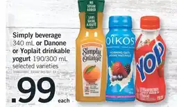 Fortinos SIMPLY BEVERAGE 340 ML OR DANONE OR YOPLAIT DRINKABLE YOGURT 190/300 ML offer