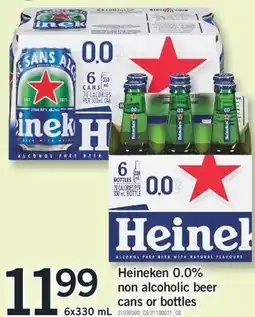 Fortinos HEINEKEN 0.0% NON ALCOHOLIC BEER CANS OR BOTTLES, 6X330 ML offer