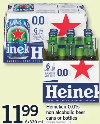 Fortinos HEINEKEN 0.0% NON ALCOHOLIC BEER CANS OR BOTTLES, 6X330 ML offer