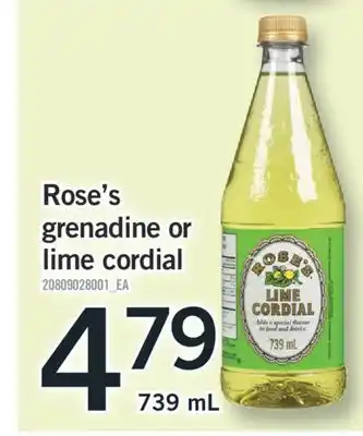 Fortinos ROSE'S GRENADINE OR LIME CORDIAL, 739 mL offer