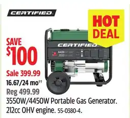 Canadian Tire Certified 3550W/4450W Portable Gas Generator. 212cc OHV engine offer