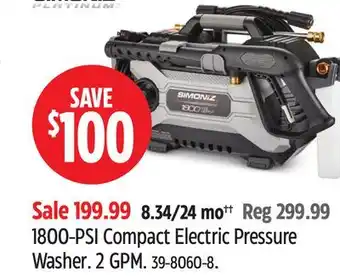 Canadian Tire Simoniz Platinum 1800-PSI Compact Electric Pressure Washer offer