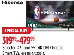 Canadian Tire Hisense Selected 43˝ and 55˝ 4K UHD Google Smart TVs offer