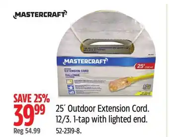 Canadian Tire Mastercraft 25´ Outdoor Extension Cord. 12/3. 1-tap with lighted end offer